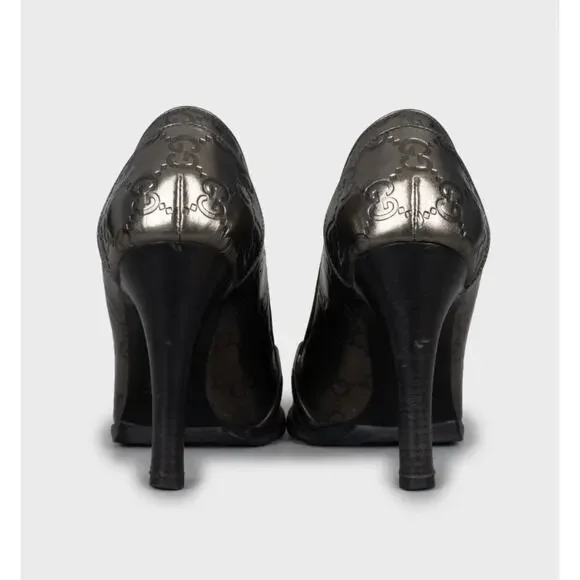 Gucci Silver Embossed Leather Wedge Sandals Sz.35 - Picture 4 of 5